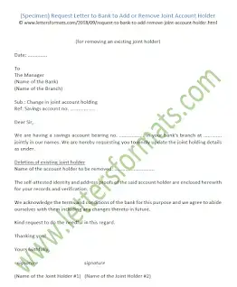 letter to bank manager for change of joint account holder